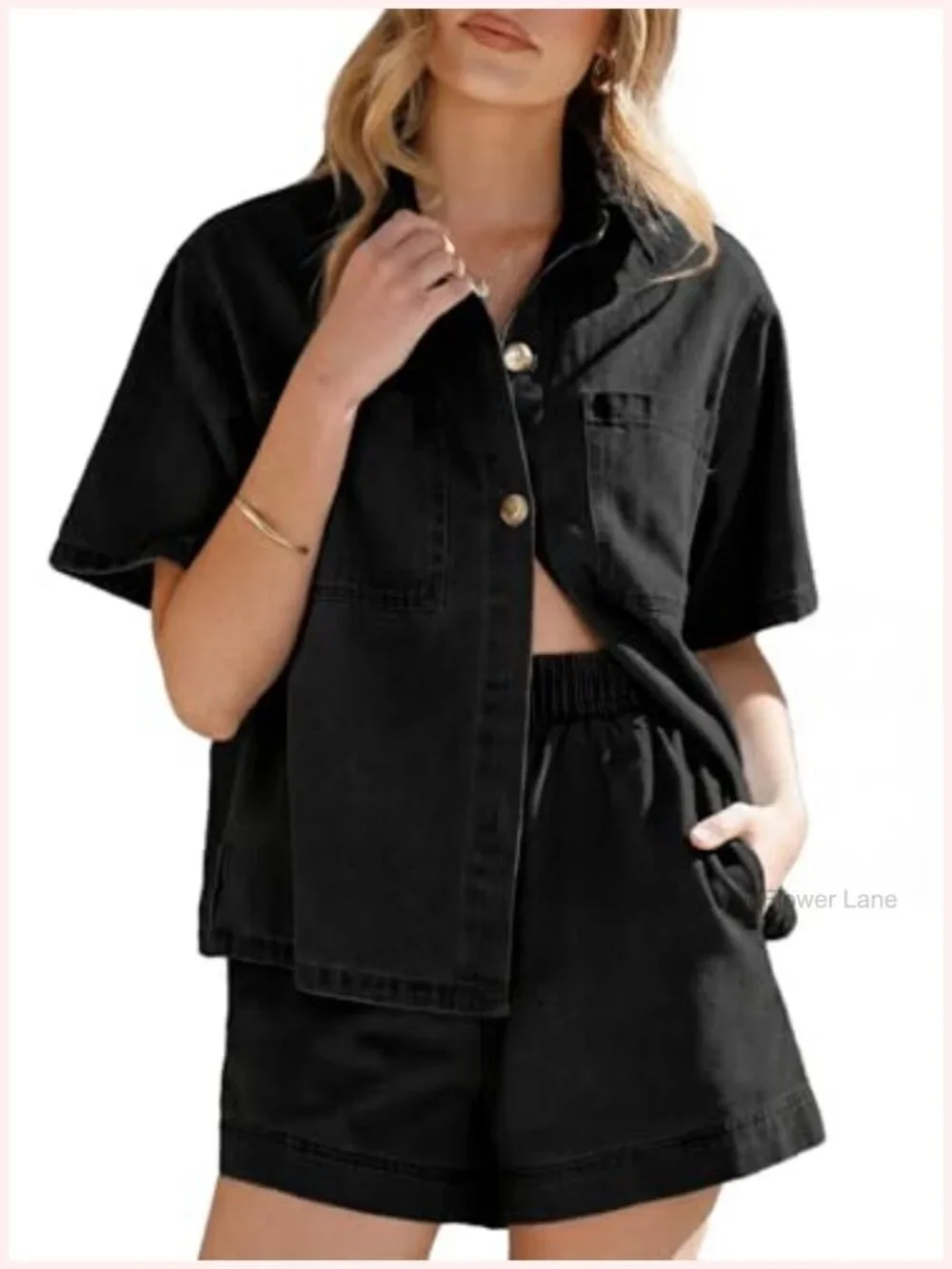 Women's 2 Piece Denim Lounge Set Short Sleeve Button Down Shirt High Waisted